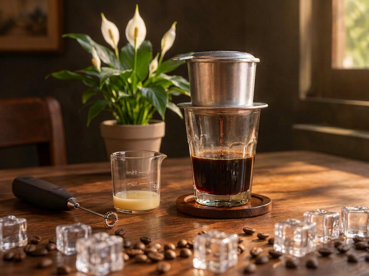A phin filter slow-dripping coffee onto a glass of condensed milk and ice